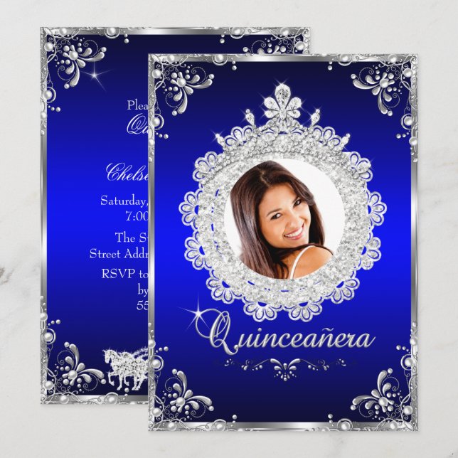 Princess Tiara Royal Blue Sparkle Quinceanera Invitation (Front/Back)