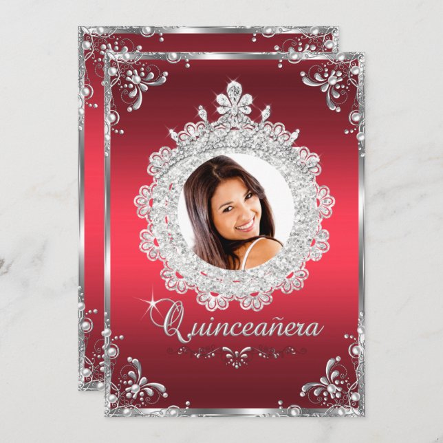 Princess Tiara Ruby Red Sparkle Quinceanera Invitation (Front/Back)