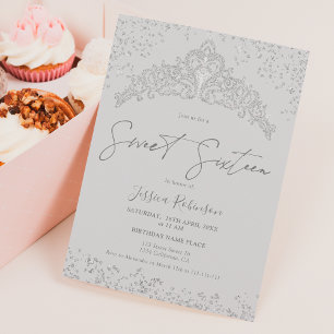 Princess tiara silver glitter gray photo Sweet 16 Invitation