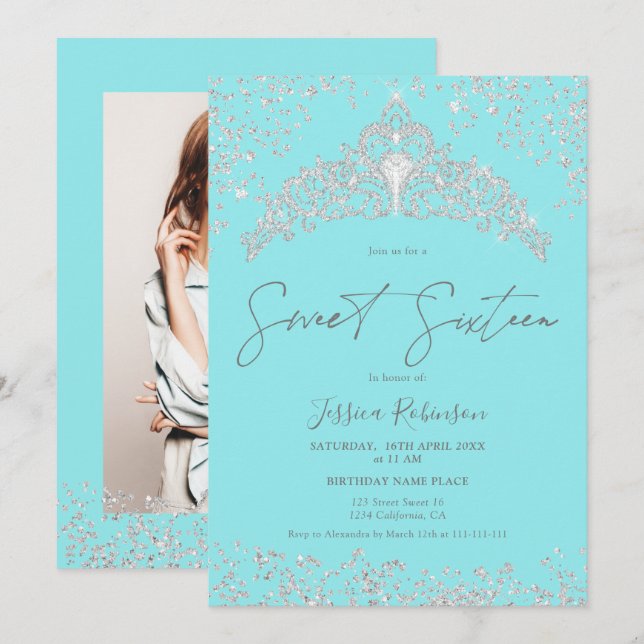 Princess tiara silver glitter navy photo Sweet 16 Invitation (Front/Back)