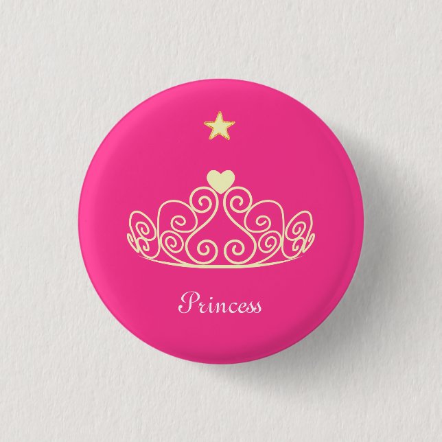 Princess tiara, star & calligraphy on pink button (Front)