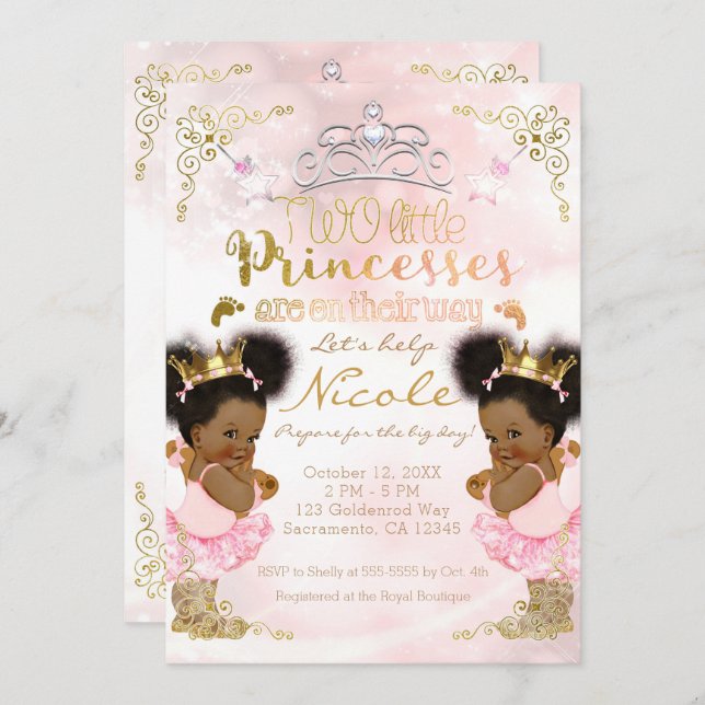 Princess Tutu Crown Ethnic Twin Girls Baby Shower Invitation (Front/Back)