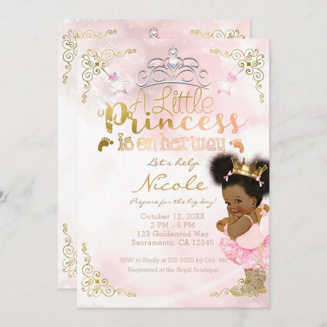 Princess Tutu & Gold Crown Ethnic Baby Girl Shower Invitation (Front/Back)