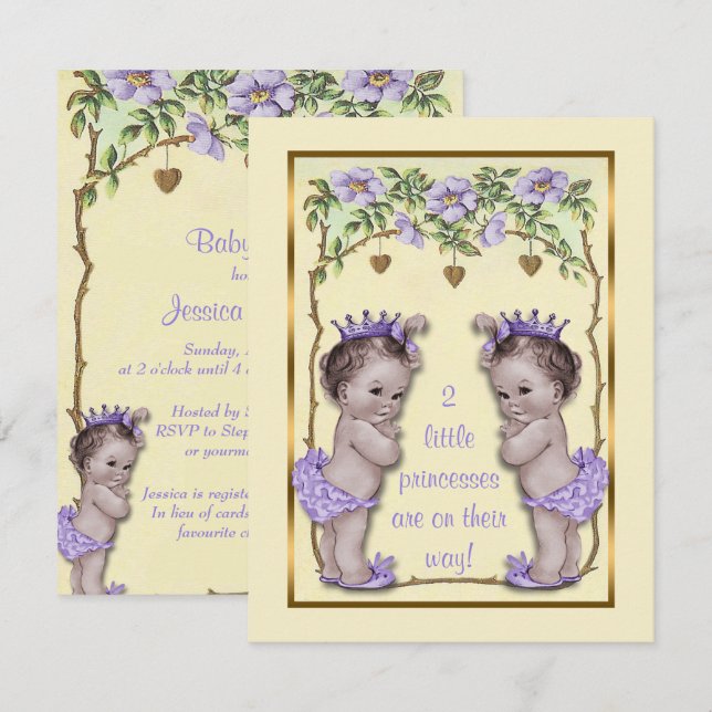 Princess Twin Vintage Roses & Hearts Baby Shower Invitation (Front/Back)