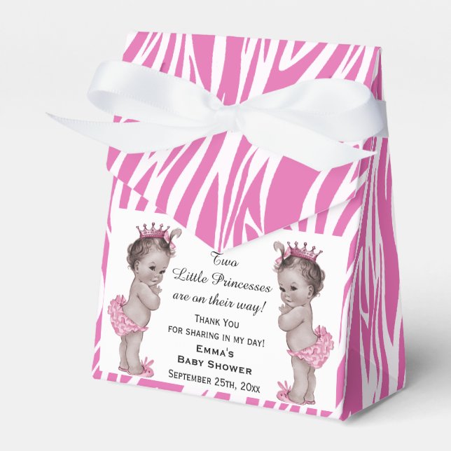 Princess Twins Baby Shower Pink Zebra Pattern Favor Boxes (Front Side)