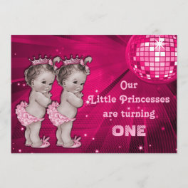 Princess Twins Pink Disco Ball 1st Birthday Invitation
