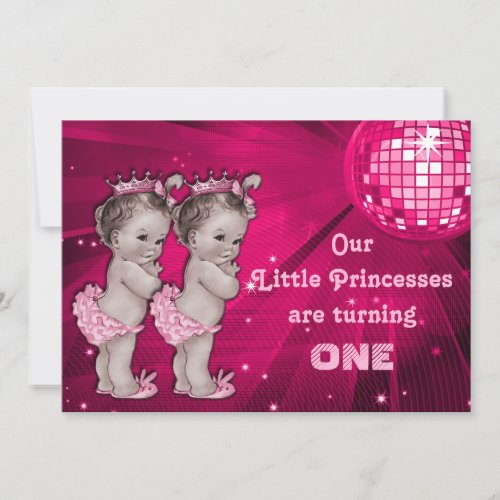 Princess Twins Pink Disco Ball 1st Birthday Invitation