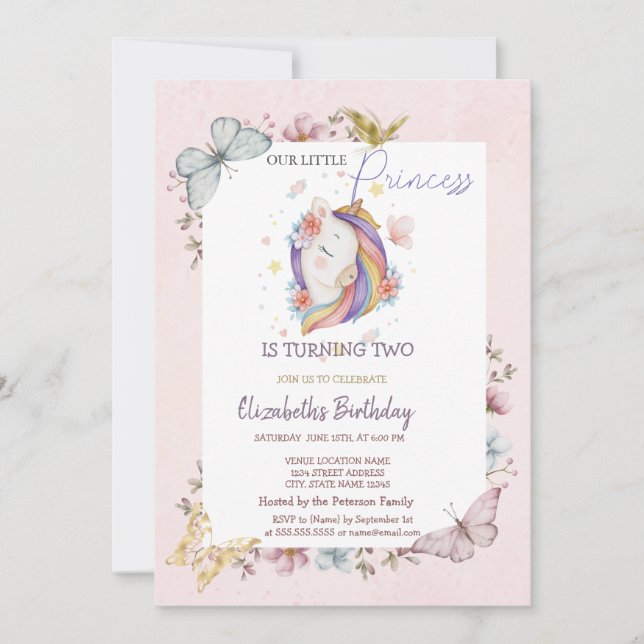 Princess Unicorn Butterflies Pink Birthday   Invitation (Front)