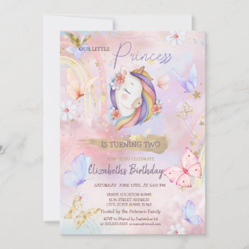 Princess Unicorn Butterfly Rainbow Birthday  Invitation