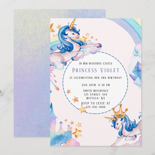 Princess Unicorn Castle 00th Birthday Party  Invitation (Front/Back)