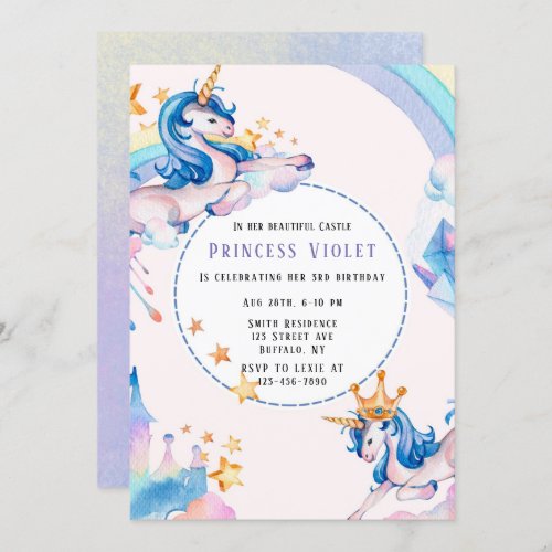 Princess Unicorn Castle 00th Birthday Party  Invitation