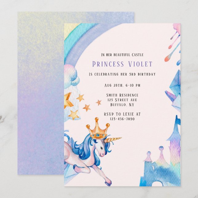 Princess Unicorn Castle 00th Birthday Party  Invitation (Front/Back)