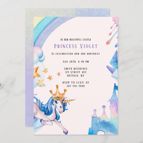 Princess Unicorn Castle 00th Birthday Party  Invitation