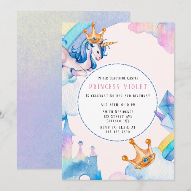 Princess Unicorn Castle 00th Birthday Party  Invitation (Front/Back)