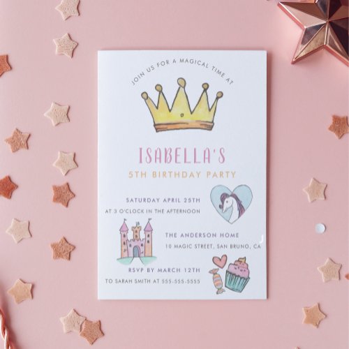 Princess Unicorn  Castle Fairytale Birthday Party Invitation Postcard