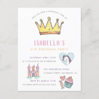 Princess Unicorn & Castle Fairytale Birthday Party Invitation Postcard