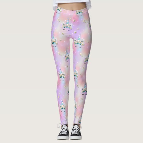 Princess Unicorn Crowns on pink fluffy background Leggings