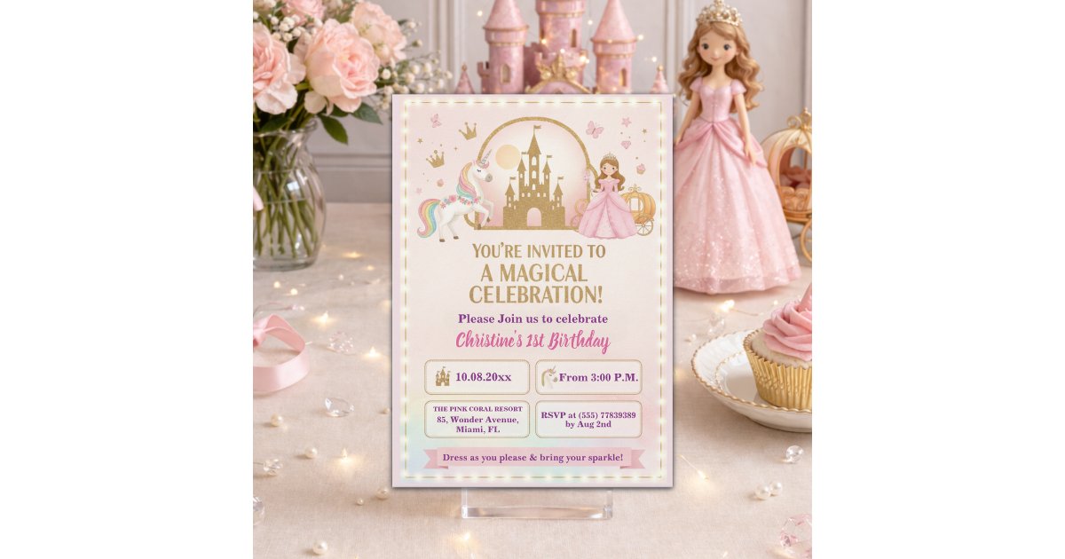 Princess Unicorn Gold Castle 1st Birthday Party Invitation | Zazzle