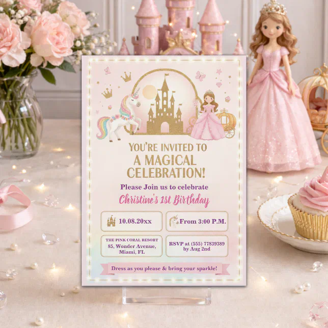 Princess Unicorn Gold Castle 1st Birthday Party Invitation | Zazzle