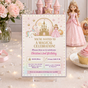 Princess Unicorn Gold Castle 2nd Birthday Party Invitation