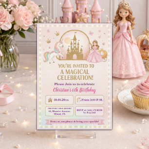 Princess Unicorn Gold Castle 6th Birthday Party Invitation