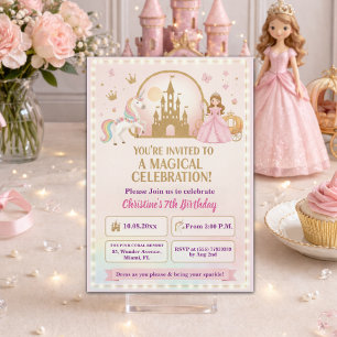 Princess Unicorn Gold Castle 7th Birthday Party Invitation