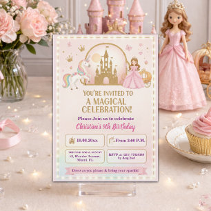 Princess Unicorn Gold Castle 9th Birthday Party Invitation