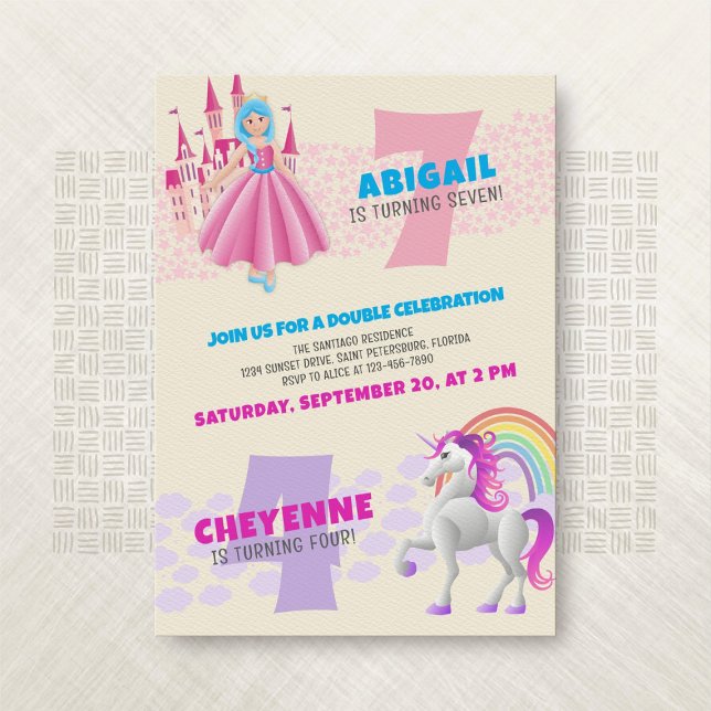 Princess Unicorn Joint Double Birthday Invitation (Creator Uploaded)