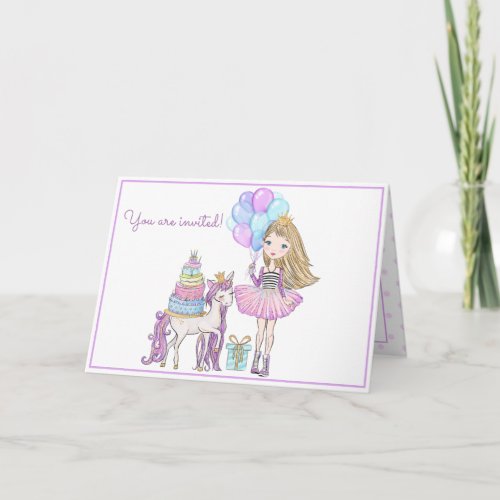 Princess Unicorn Modern Girly Watercolor Birthday Invitation