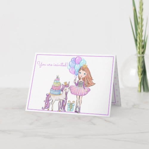 Princess Unicorn Modern Girly Watercolor Birthday Invitation