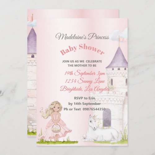 Princess Unicorn Pink Baby Girl Shower Invitation