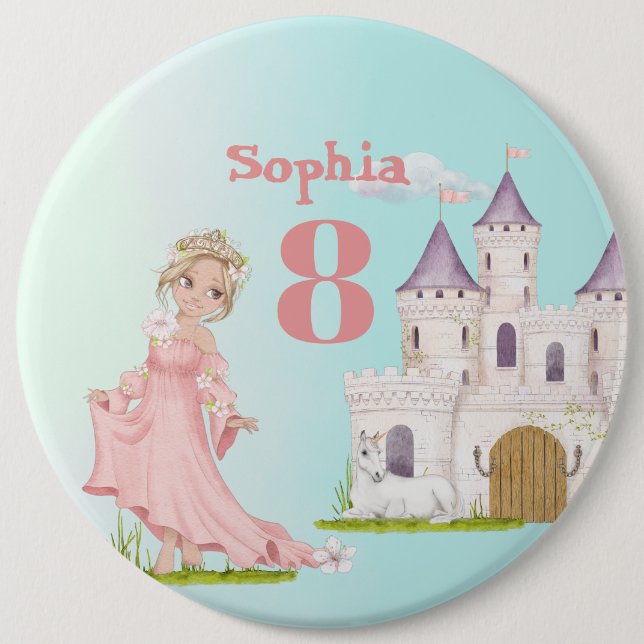 Princess Unicorn Pink Blue Castle Cute Birthday  B Button (Front)