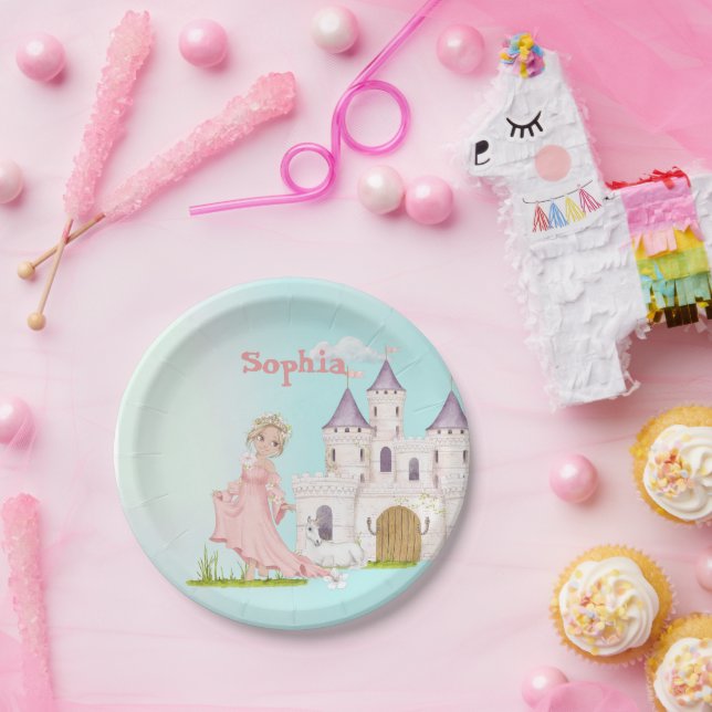 Princess Unicorn Pink Blue Castle Cute Birthday Paper Plates (Party)