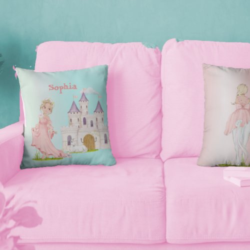 Princess Unicorn Pink Blue Castle Throw Pillow