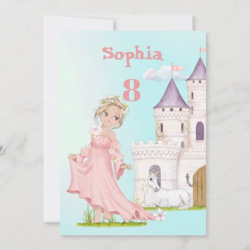 Princess Unicorn Pink Blue Cute Age Birthday  Invitation