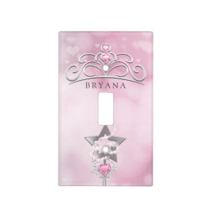 Princess Wand & Crown Silver Pink Light Switch Cover