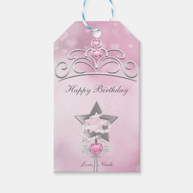 Princess Wand & Crown Silver Pink Party Gift Tag (Front)