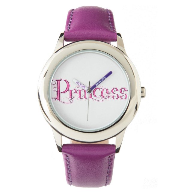 Princess Watch (A wristwatch with a silver case and a purple leather band, with the word "Princess!)