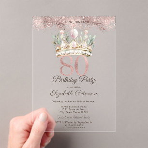 Princess Watercor Crown Floral 80th Birthday Acrylic Invitations