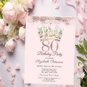 Princess Watercor Crown Floral 80th Birthday Invitation
