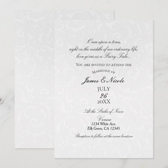 Princess White Damask Storybook Elegant Wedding Invitation (Front/Back)