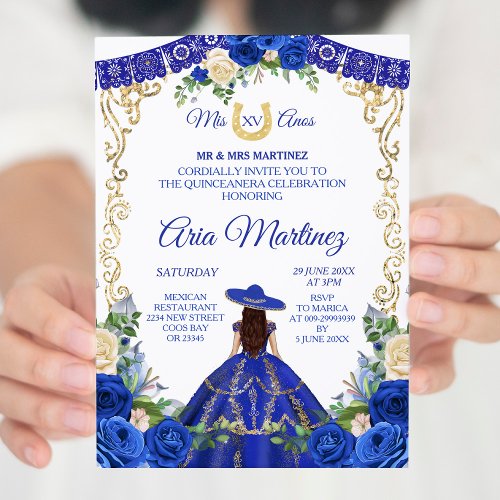 Princess White Navy Roses Mis Quince Invitation