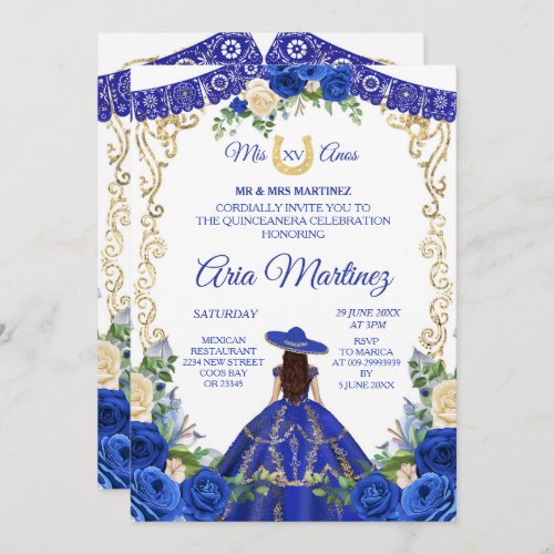 Princess White Navy Roses Mis Quince Invitation