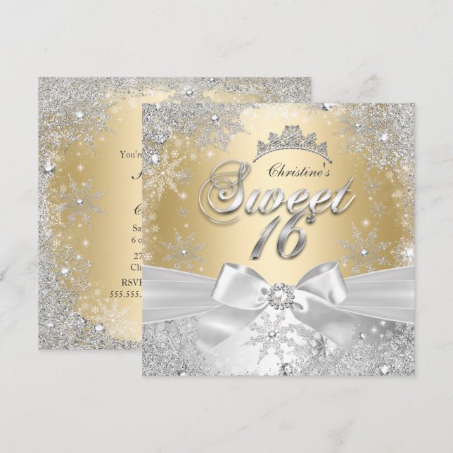 Princess Winter Wonderland Gold Sweet 16 Party Invitation (Front/Back)