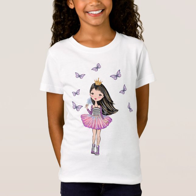 Princess with Black Hair, Brown Eyes, Butterflies T-Shirt (Front)