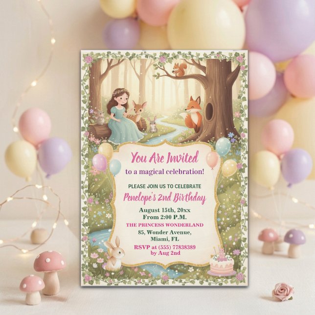 Princess with Forest Animals 2nd Birthday Party Invitation (Creator Uploaded)