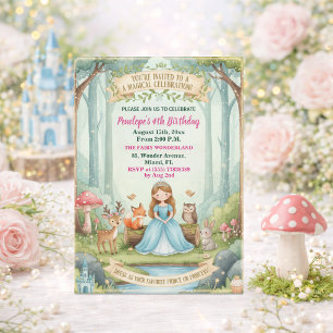 Princess with Forest Animals 4th Birthday Party Invitation