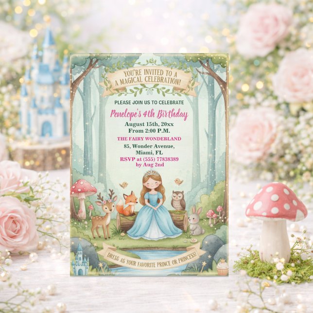 Princess with Forest Animals 4th Birthday Party Invitation (Creator Uploaded)