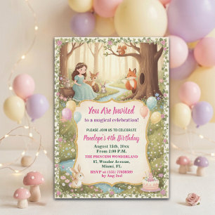 Princess with Forest Animals 4th Birthday Party Invitation