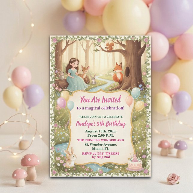 Princess with Forest Animals 5th Birthday Party Invitation (Creator Uploaded)